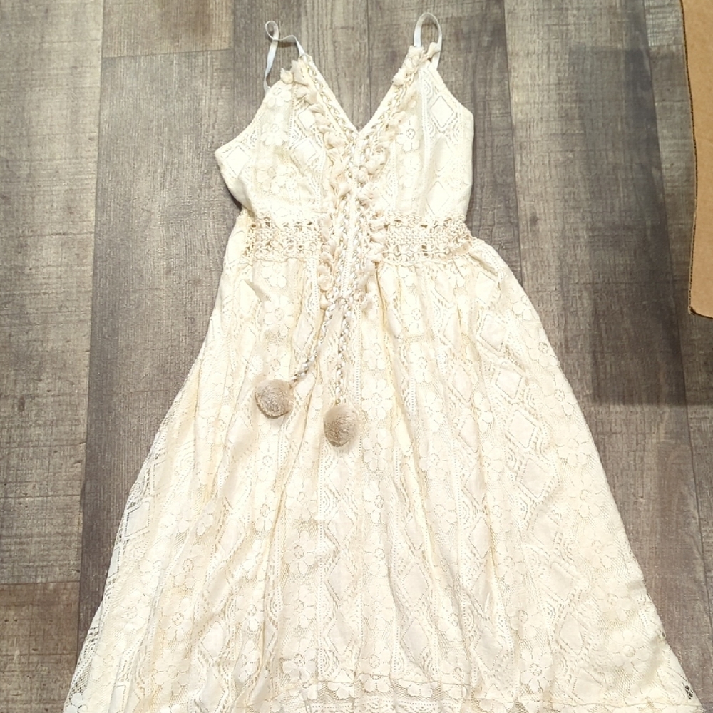 Ivory Lace Dress with Pom Pom Ties